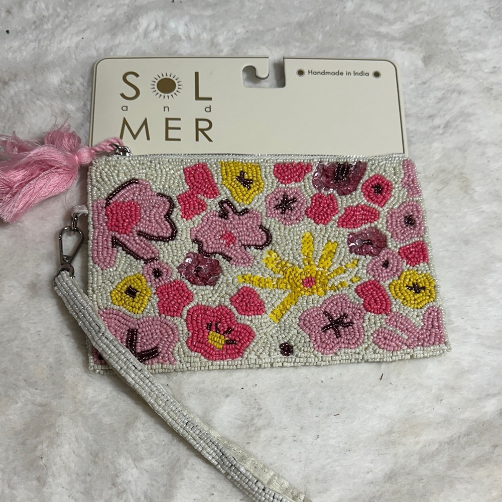 Sol and Mer beaded pink and yellow floral pouch